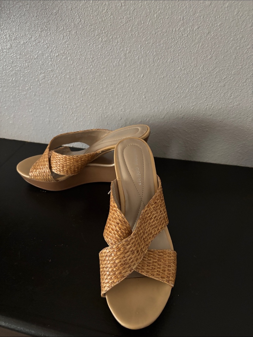 Nine West Tan Woven Crisscross Wedge Mules